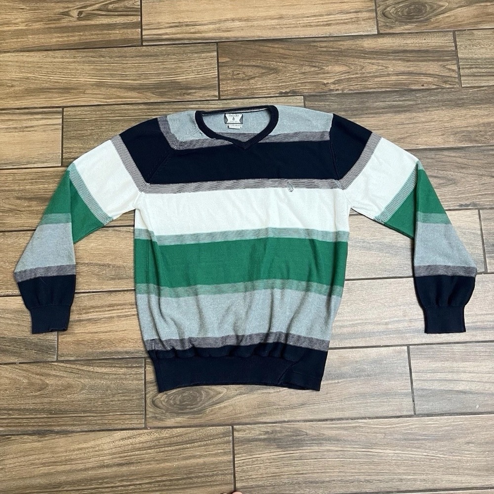 Volcom Striped V Neck Sweater Mens XL Green Gray Pullover Skate Surf